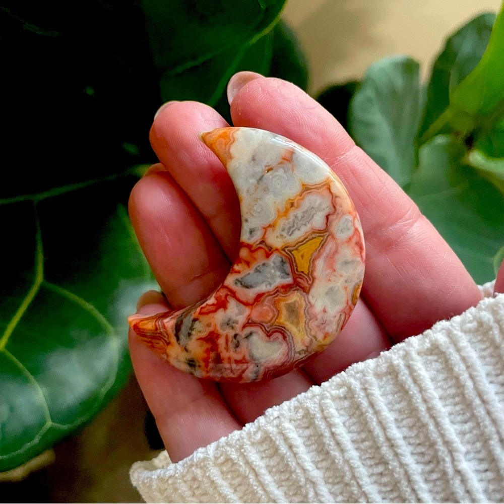 high grade Crazy lace, agate, crystal carved moon from mexico incredible banding